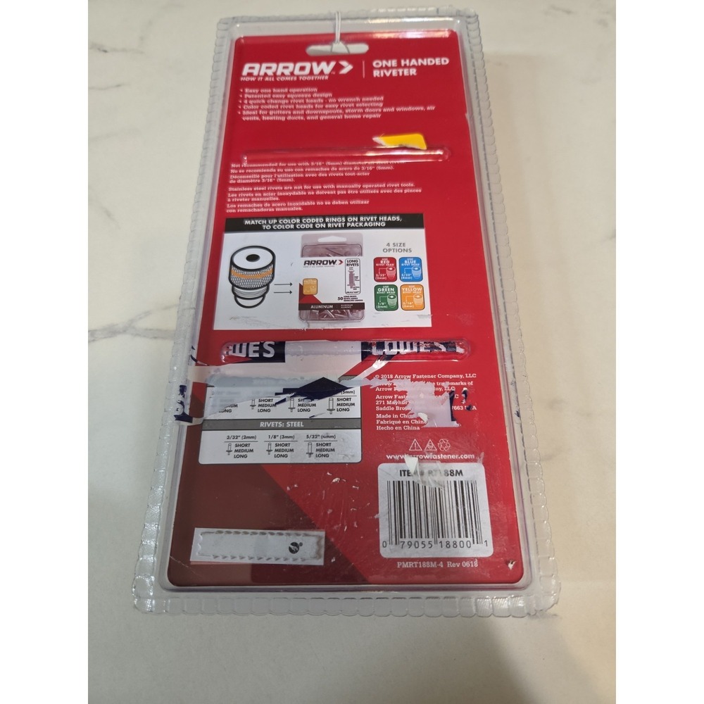 Arrow One Handed Riveter Tool Quick Change Color Coded Rivet Heads Model RT188M - Picture 4 of 7